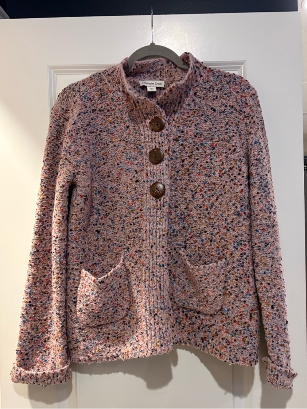 Coldwater Creek Pink Speckled Wool Blend Sweater Size Medium Cozy Button Front